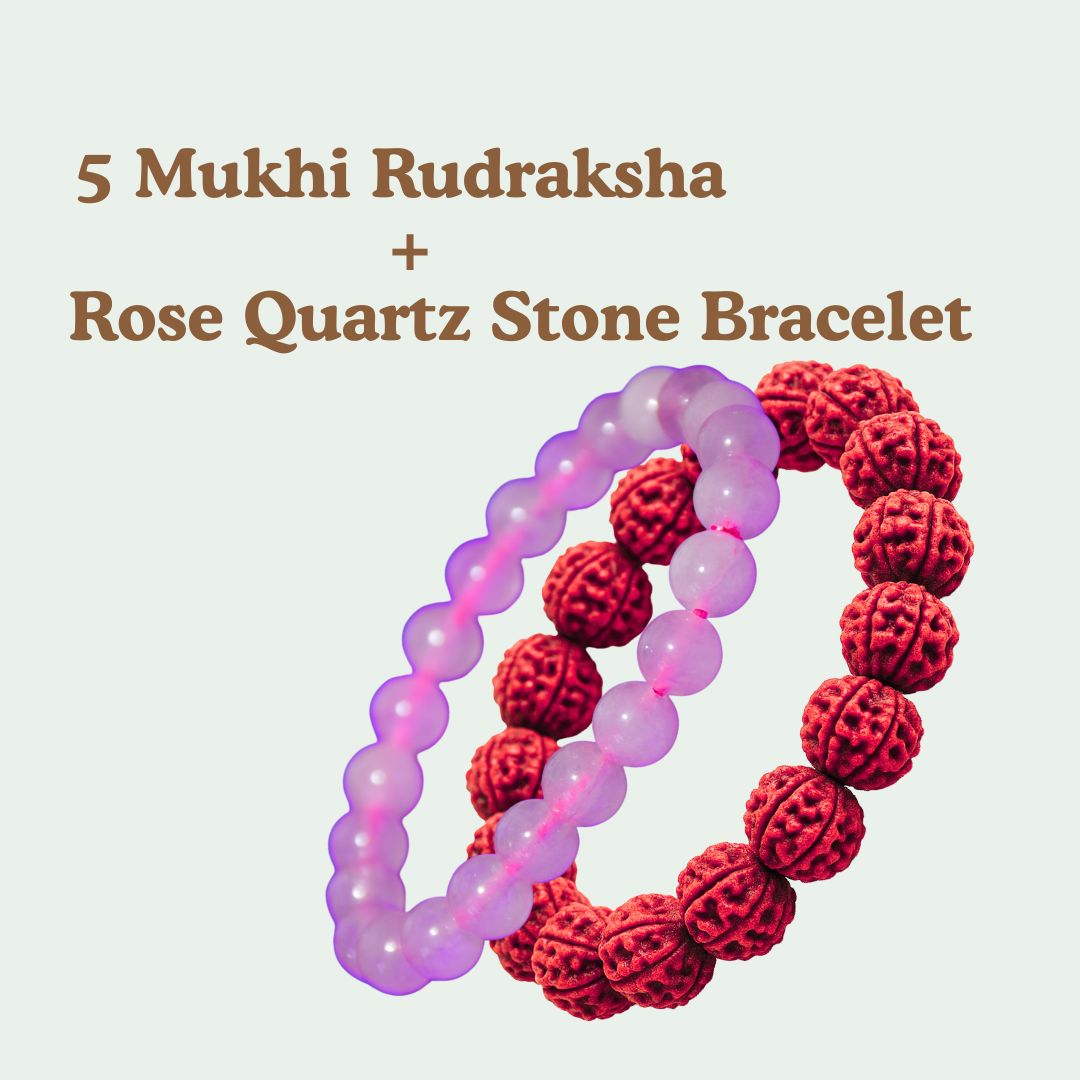 Rose Quartz & 5 Mukhi Rudraksha Bracelet Combo for Love, Peace & Spiritual Balance