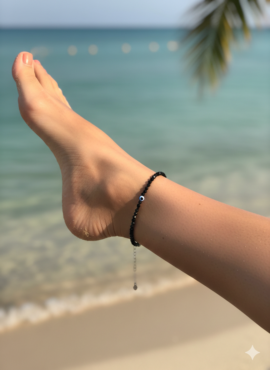 Black Obsidian Evil Eye Anklet for Women – Protection & Negative Energy Bracelet | Puja Purity