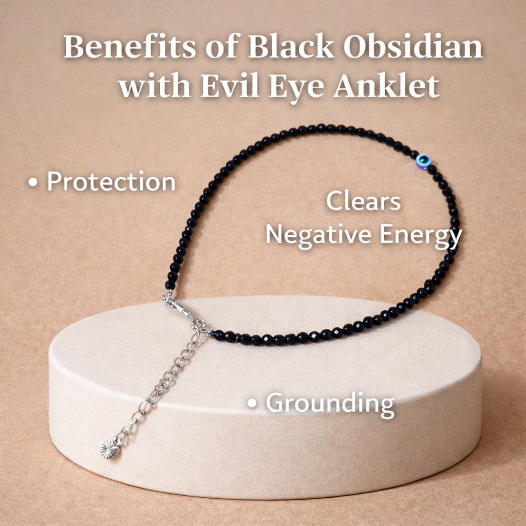 Black Obsidian Evil Eye Anklet for Women – Protection & Negative Energy Bracelet | Puja Purity