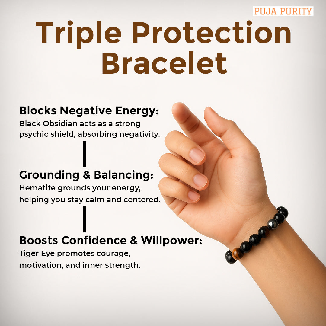 Triple Protection Healing Crystal Bracelet for Energy Shield, Balance & Inner Strength