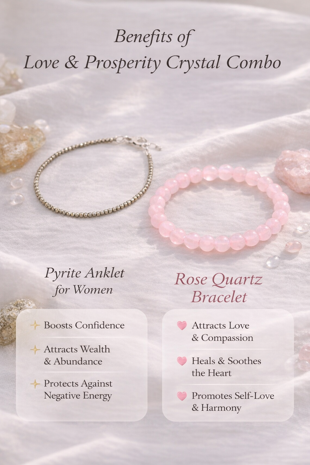 Pyrite Anklet & Rose Quartz Bracelet - Love & Prosperity Crystal Combo